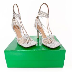 Bottega Veneta Stretch Lace-Up Sandals EU 37.5 7.5 Silver Mesh Fishnet High Heel